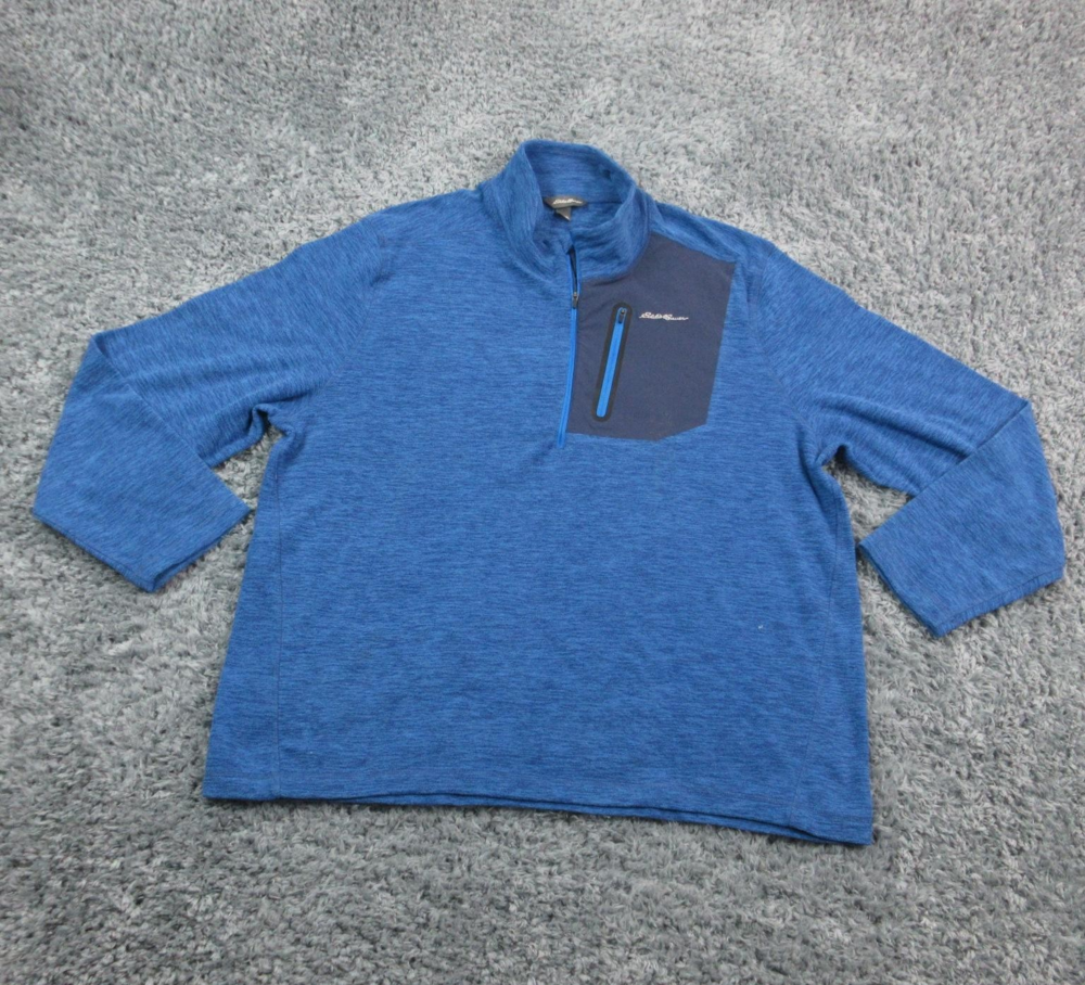 Eddie Bauer Pullover Mens 2XL Blue Quarter Zip Fleece Outdoor Sweater XXL Pocket